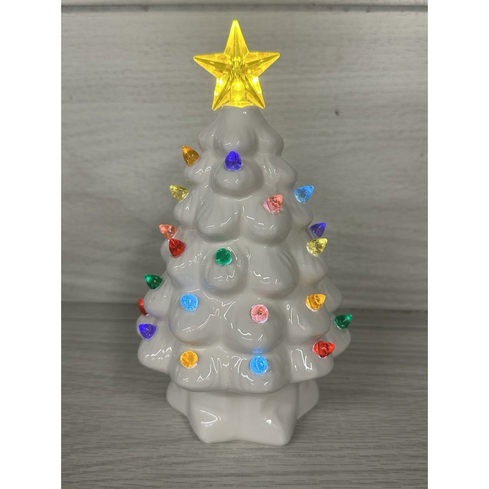 White Ceramic Pre-Lighted Christmas Decorative Tree 7x4" Multicolor Star Timer